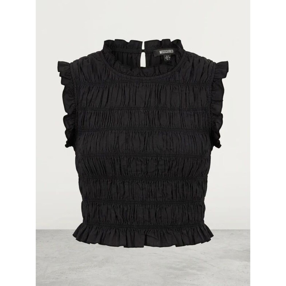 Missguided Black Smocked Crop Top Ruffle Shoulder Size 4 US